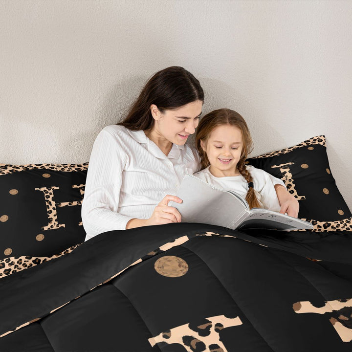 Meiyoeat Trendy Leopard Letter H King Size Comforter Sets 3-Piece for Women Kids, Chic Polka Dot Bedding Comforter Set for Nursery, Black Beige Brown,Black Reversible