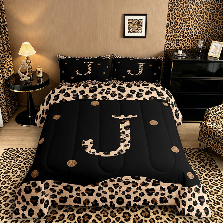 Meiyoeat Stylish Leopard Letter J King Size Comforter Sets 3-Piece for Women Toddlers, Modern Polka Dot Bedding Comforter Set, Black Beige Brown,Black Reversible