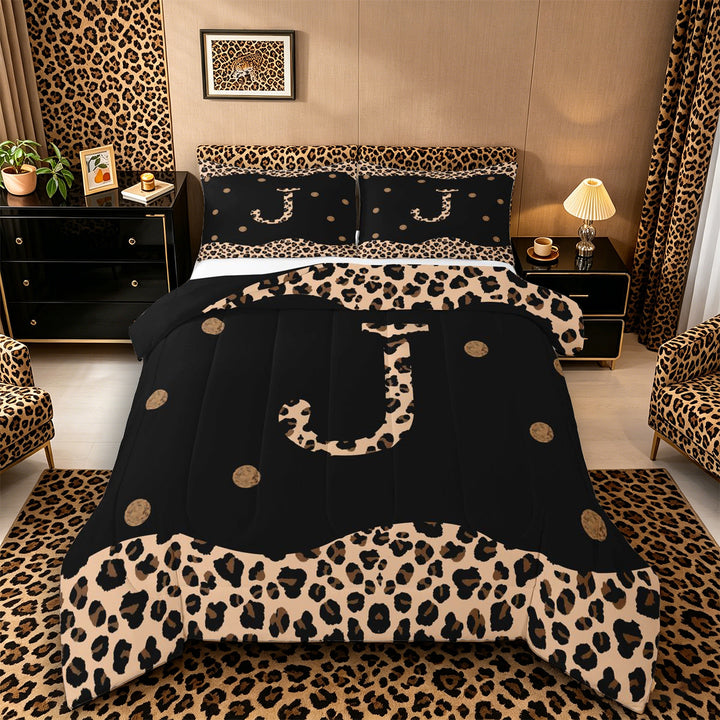 Meiyoeat Stylish Leopard Letter J King Size Comforter Sets 3-Piece for Women Toddlers, Modern Polka Dot Bedding Comforter Set, Black Beige Brown,Black Reversible