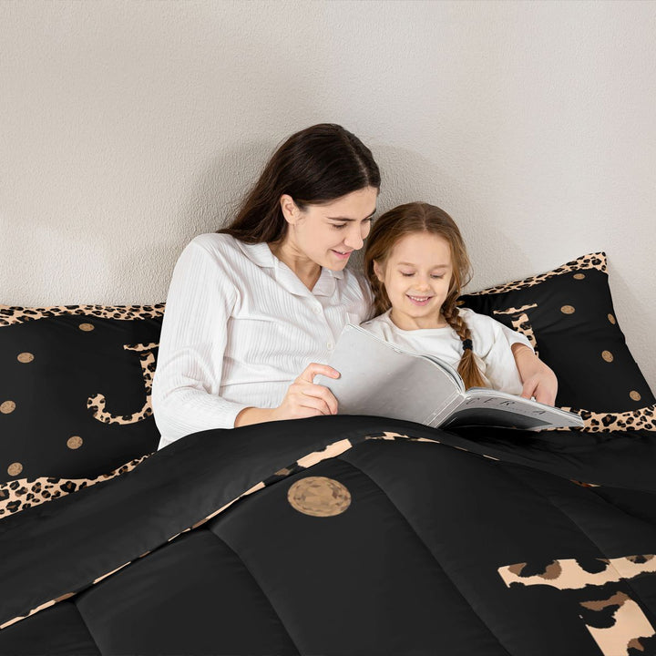 Meiyoeat Stylish Leopard Letter J King Size Comforter Sets 3-Piece for Women Toddlers, Modern Polka Dot Bedding Comforter Set, Black Beige Brown,Black Reversible