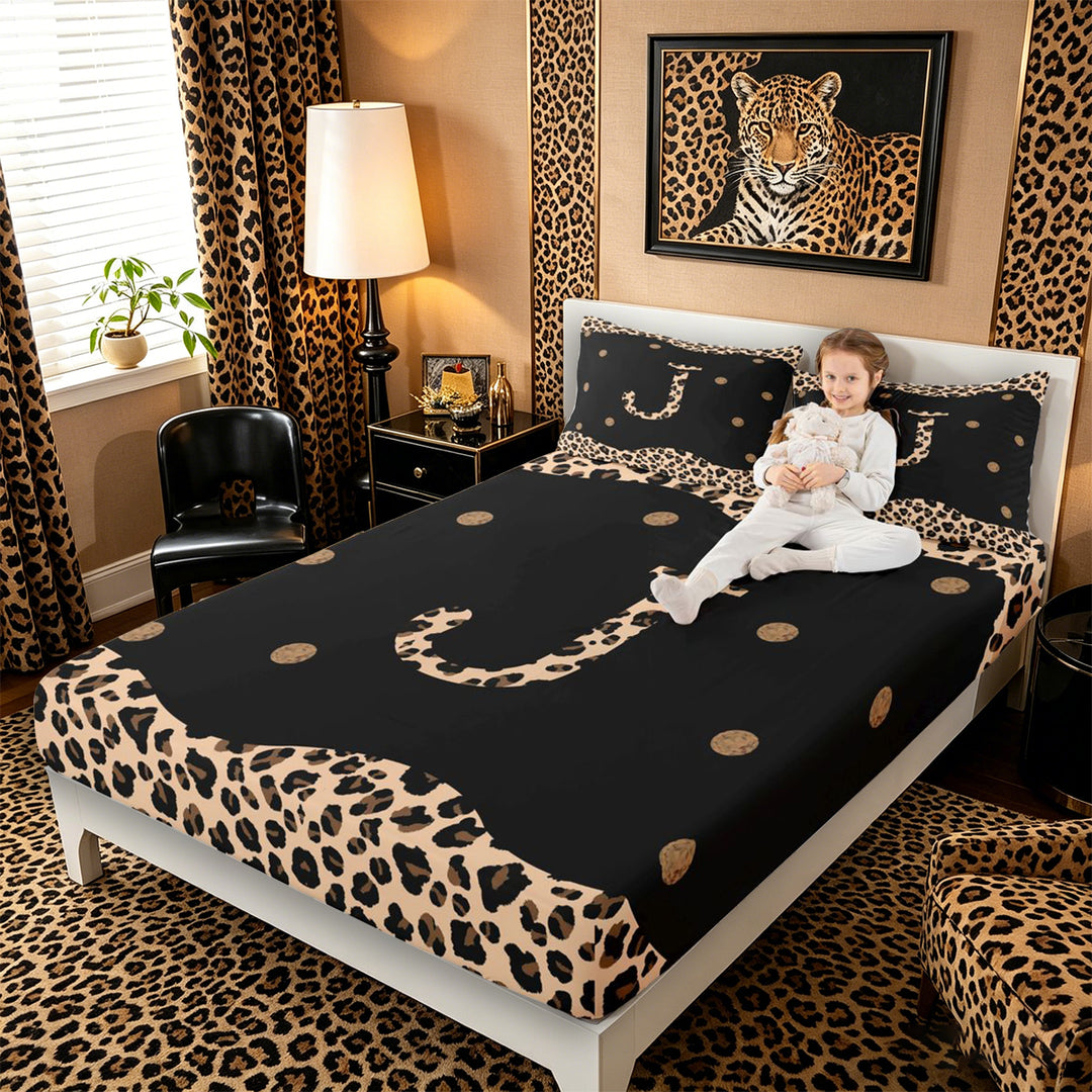 Meiyoeat Stylish Leopard Letter J Bed Sheets 4pcs for Women Toddlers, Modern Polka Dot King Sheets, Black Beige Brown