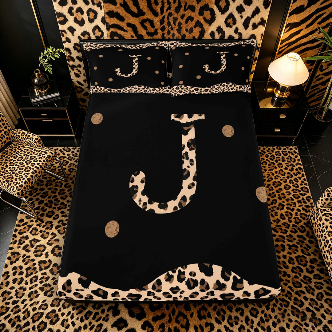 Meiyoeat Stylish Leopard Letter J Bed Sheets 4pcs for Women Toddlers, Modern Polka Dot King Sheets, Black Beige Brown
