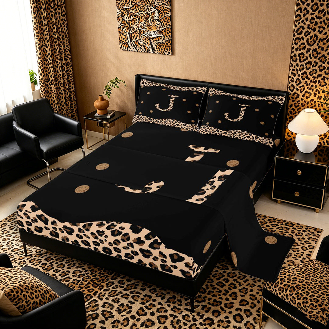 Meiyoeat Stylish Leopard Letter J Bed Sheets 4pcs for Women Toddlers, Modern Polka Dot King Sheets, Black Beige Brown