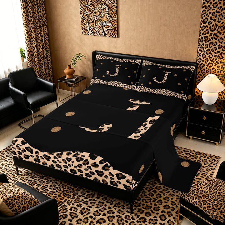 Meiyoeat Stylish Leopard Letter J Bed Sheets 4pcs for Women Toddlers, Modern Polka Dot King Sheets, Black Beige Brown