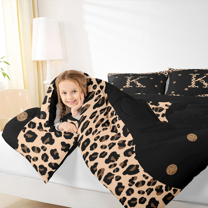 Meiyoeat Animal Leopard Letter K Bedding Comforter Set 7-Piece for Women Preschoolers, Classic Polka Dot King Bedding Sets for School, Black Beige Brown,Black Reversible