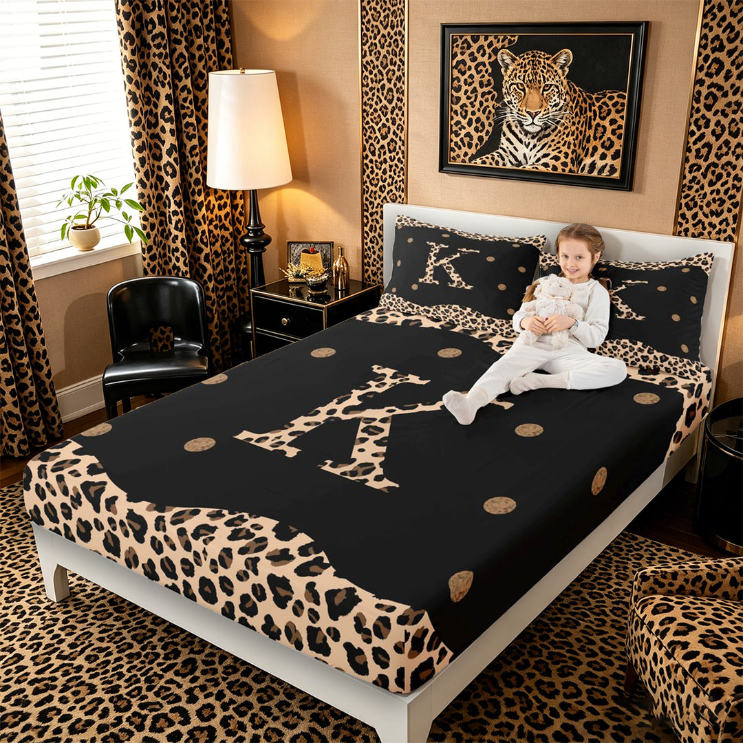 Meiyoeat Animal Leopard Letter K Bed Sheets 4pcs for Women Preschoolers, Classic Polka Dot King Sheets for School, Black Beige Brown