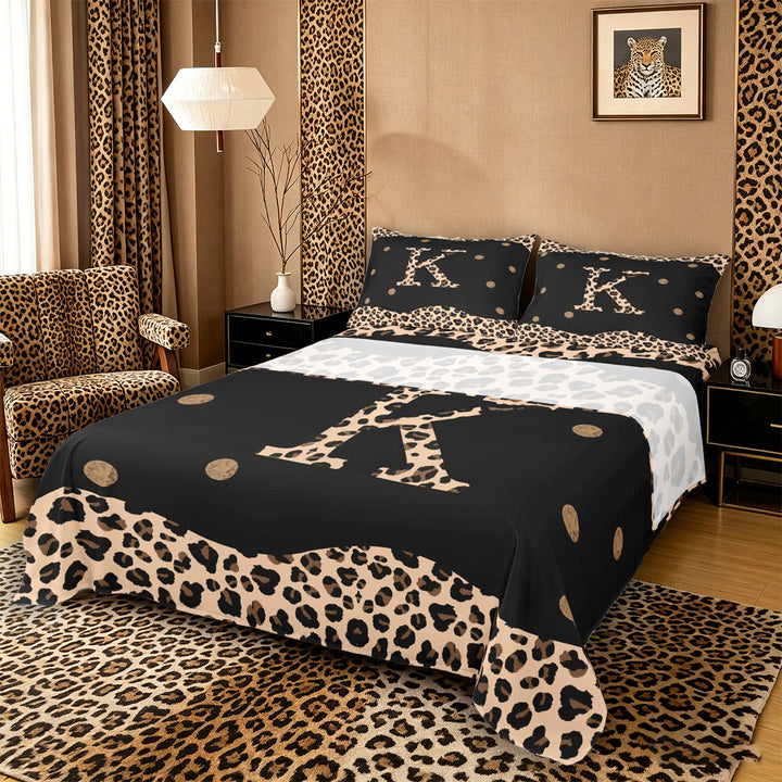 Meiyoeat Animal Leopard Letter K Bed Sheets 4pcs for Women Preschoolers, Classic Polka Dot King Sheets for School, Black Beige Brown