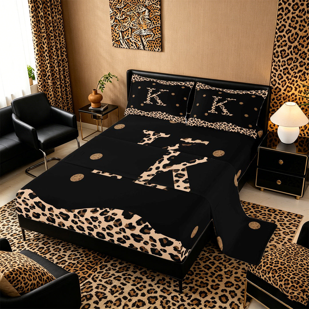 Meiyoeat Animal Leopard Letter K Bed Sheets 4pcs for Women Preschoolers, Classic Polka Dot King Sheets for School, Black Beige Brown