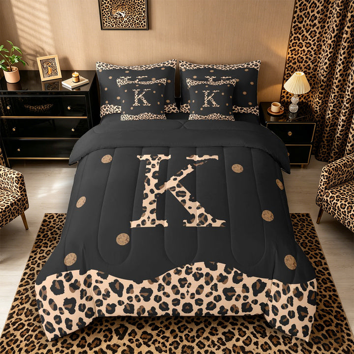 Meiyoeat Animal Leopard Letter K Bedding Comforter Set 7-Piece for Women Preschoolers, Classic Polka Dot King Bedding Sets for School, Black Beige Brown,Black Reversible