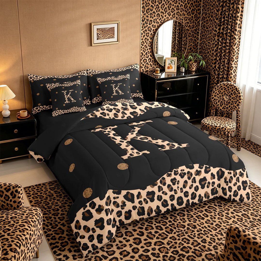Meiyoeat Animal Leopard Letter K Bedding Comforter Set 7-Piece for Women Preschoolers, Classic Polka Dot King Bedding Sets for School, Black Beige Brown,Black Reversible