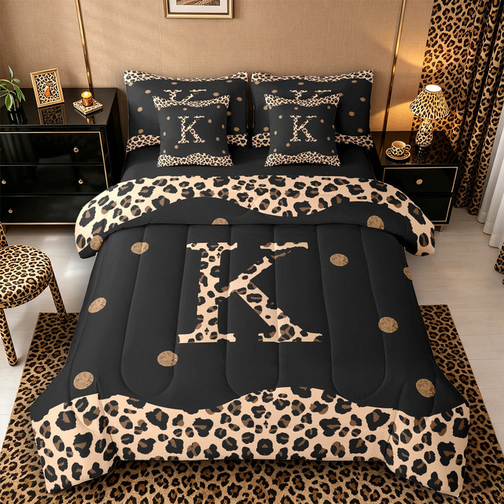 Meiyoeat Animal Leopard Letter K Bedding Comforter Set 7-Piece for Women Preschoolers, Classic Polka Dot King Bedding Sets for School, Black Beige Brown,Black Reversible