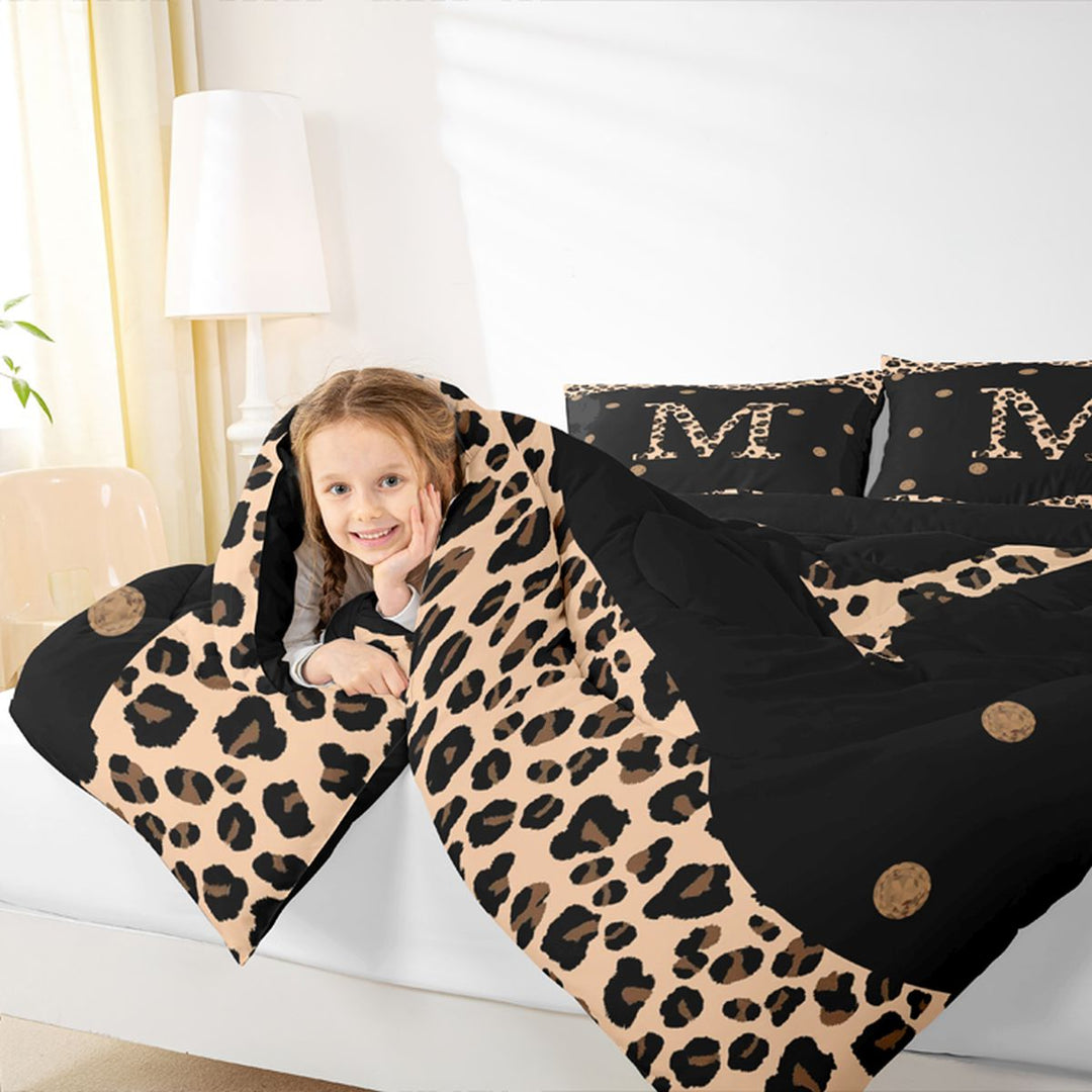 Meiyoeat Trendy Leopard Letter M Bedding Comforter Set 7-Piece for Women Teens, Chic Polka Dot King Bedding Sets, Black Beige Brown,Black Reversible