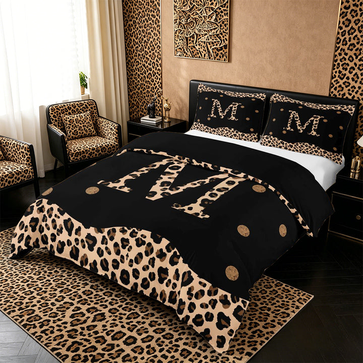Meiyoeat Trendy Leopard Letter M King Duvet Cover Set for Women Teens, Chic Polka Dot Bedding, Black Beige Brown,Black Reversible,3 Pieces,No Comforter