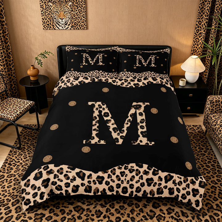 Meiyoeat Trendy Leopard Letter M King Duvet Cover Set for Women Teens, Chic Polka Dot Bedding, Black Beige Brown,Black Reversible,3 Pieces,No Comforter