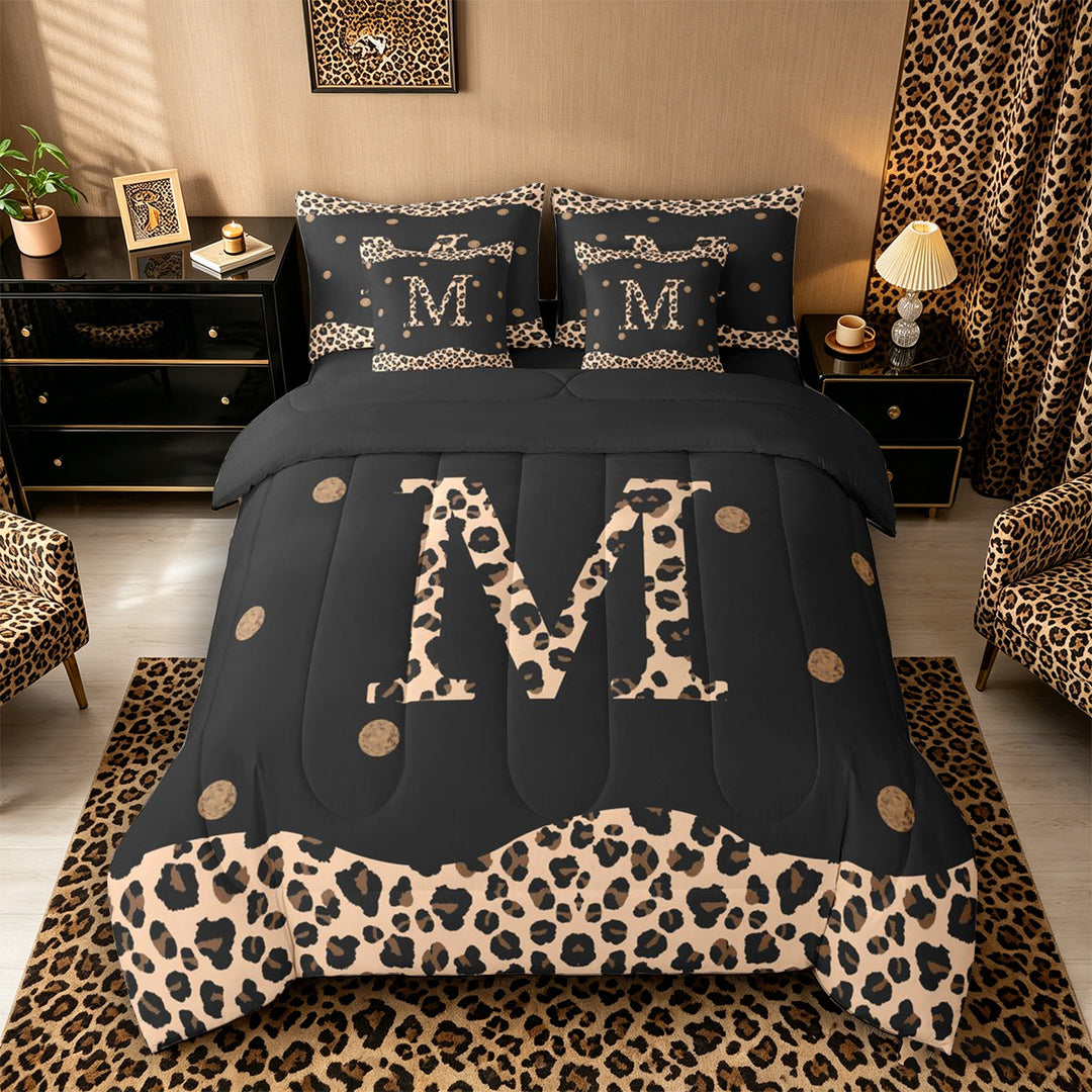 Meiyoeat Trendy Leopard Letter M Bedding Comforter Set 7-Piece for Women Teens, Chic Polka Dot King Bedding Sets, Black Beige Brown,Black Reversible