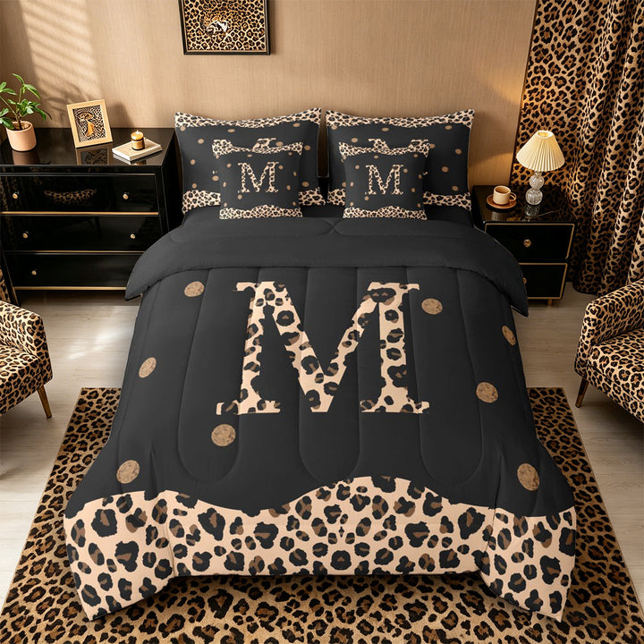 Meiyoeat Trendy Leopard Letter M Bedding Comforter Set 7-Piece for Women Teens, Chic Polka Dot King Bedding Sets, Black Beige Brown,Black Reversible