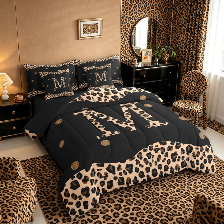 Meiyoeat Trendy Leopard Letter M Bedding Comforter Set 7-Piece for Women Teens, Chic Polka Dot King Bedding Sets, Black Beige Brown,Black Reversible