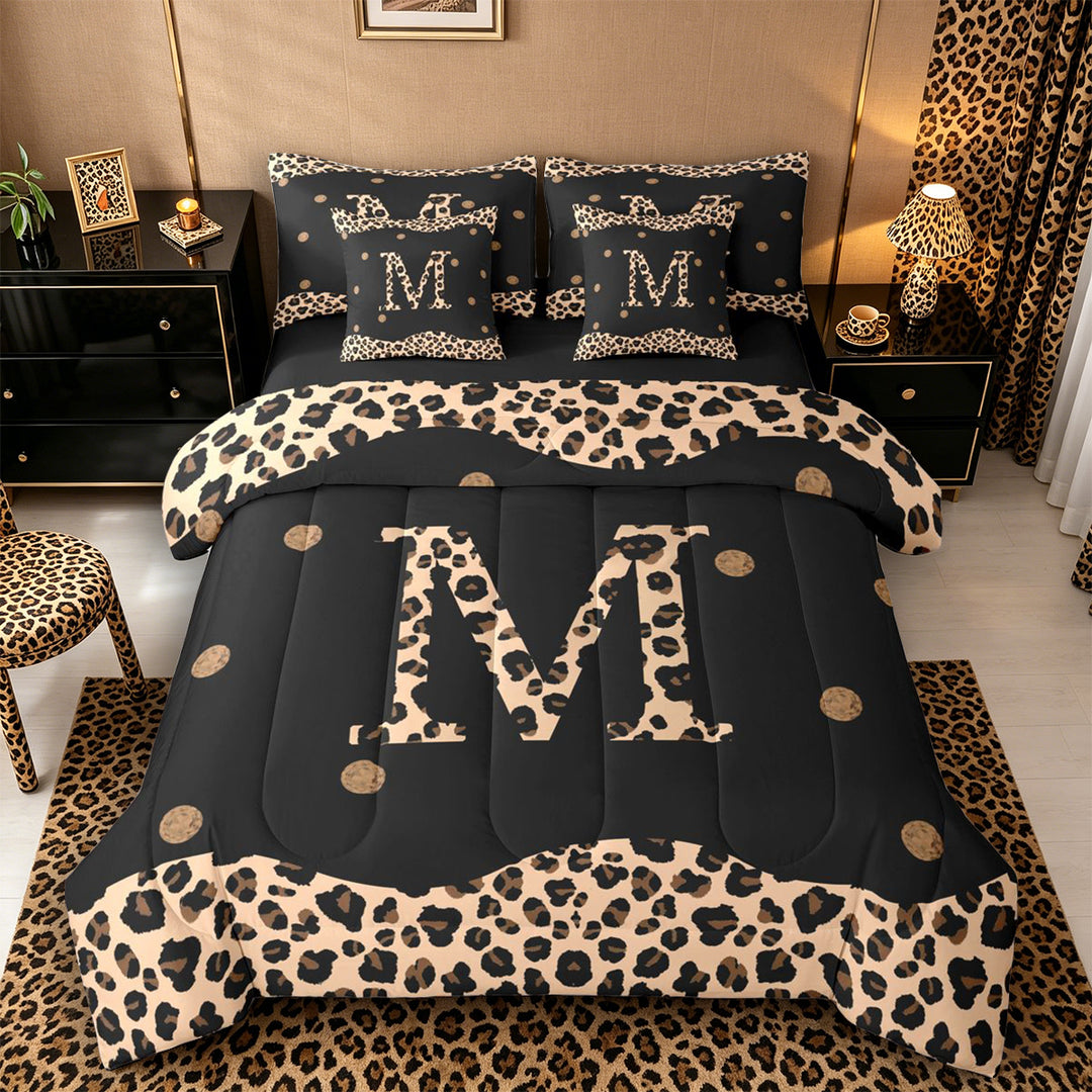 Meiyoeat Trendy Leopard Letter M Bedding Comforter Set 7-Piece for Women Teens, Chic Polka Dot King Bedding Sets, Black Beige Brown,Black Reversible