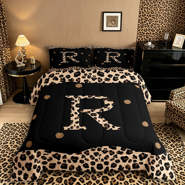 Meiyoeat Animal Leopard Letter R King Size Comforter Sets 3-Piece for Women Juniors, Classic Polka Dot Bedding Comforter Set for Bedroom, Black Beige Brown,Black Reversible