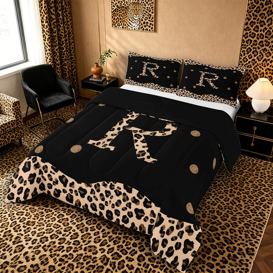 Meiyoeat Animal Leopard Letter R King Size Comforter Sets 3-Piece for Women Juniors, Classic Polka Dot Bedding Comforter Set for Bedroom, Black Beige Brown,Black Reversible