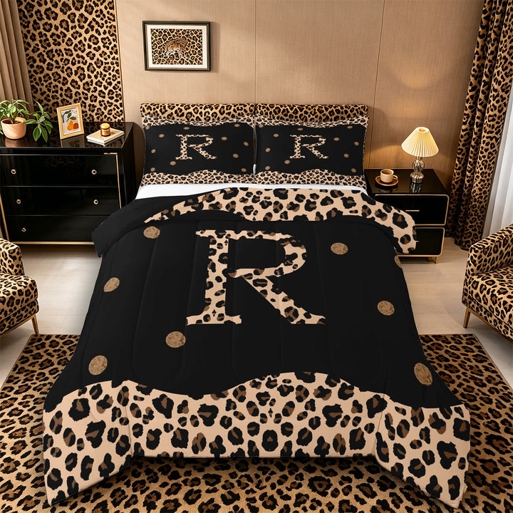 Meiyoeat Animal Leopard Letter R King Size Comforter Sets 3-Piece for Women Juniors, Classic Polka Dot Bedding Comforter Set for Bedroom, Black Beige Brown,Black Reversible