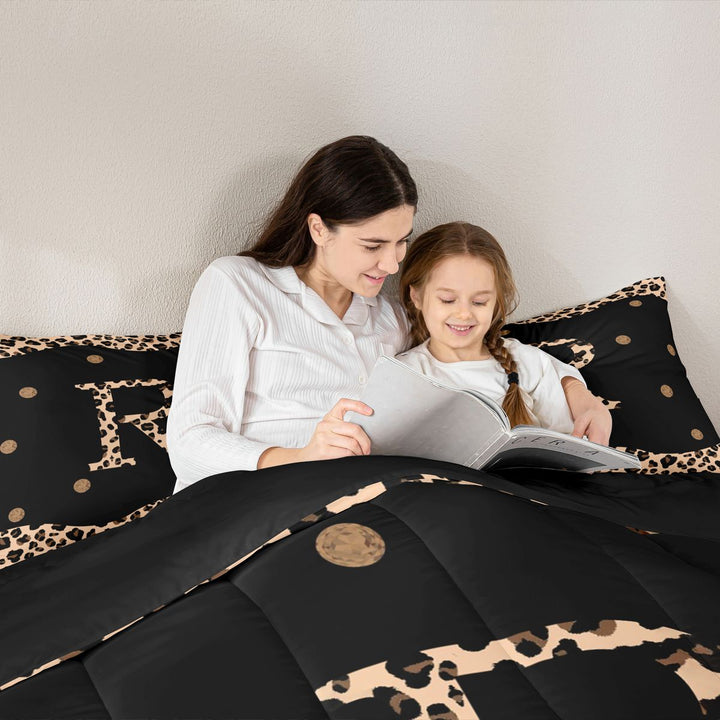 Meiyoeat Animal Leopard Letter R King Size Comforter Sets 3-Piece for Women Juniors, Classic Polka Dot Bedding Comforter Set for Bedroom, Black Beige Brown,Black Reversible