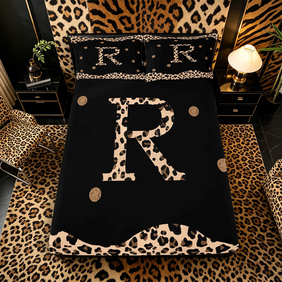 Meiyoeat Animal Leopard Letter R Bed Sheets 4pcs for Women Juniors, Classic Polka Dot King Sheets for Bedroom, Black Beige Brown