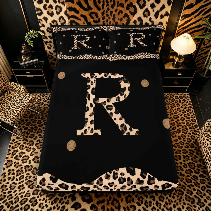 Meiyoeat Animal Leopard Letter R Bed Sheets 4pcs for Women Juniors, Classic Polka Dot King Sheets for Bedroom, Black Beige Brown