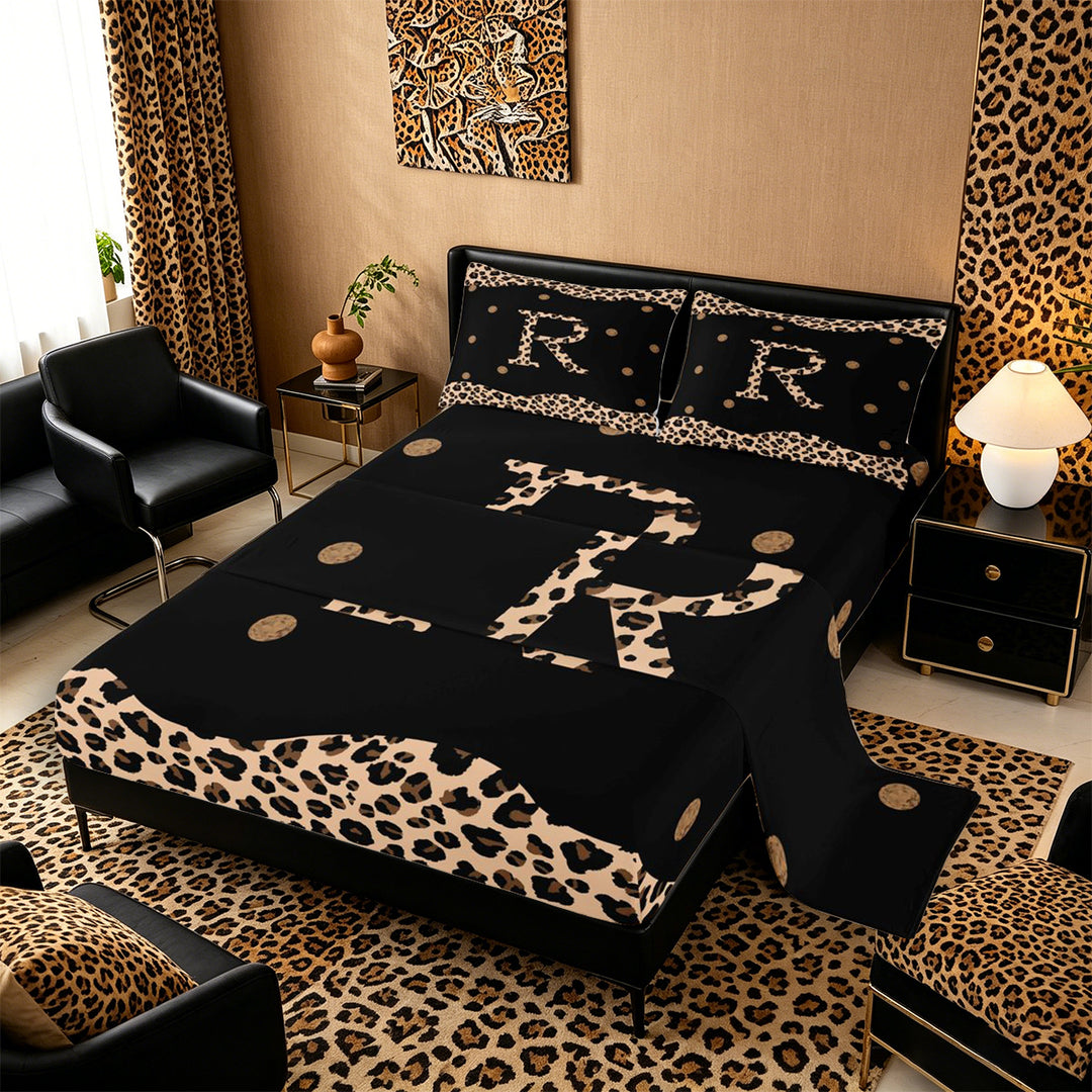 Meiyoeat Animal Leopard Letter R Bed Sheets 4pcs for Women Juniors, Classic Polka Dot King Sheets for Bedroom, Black Beige Brown