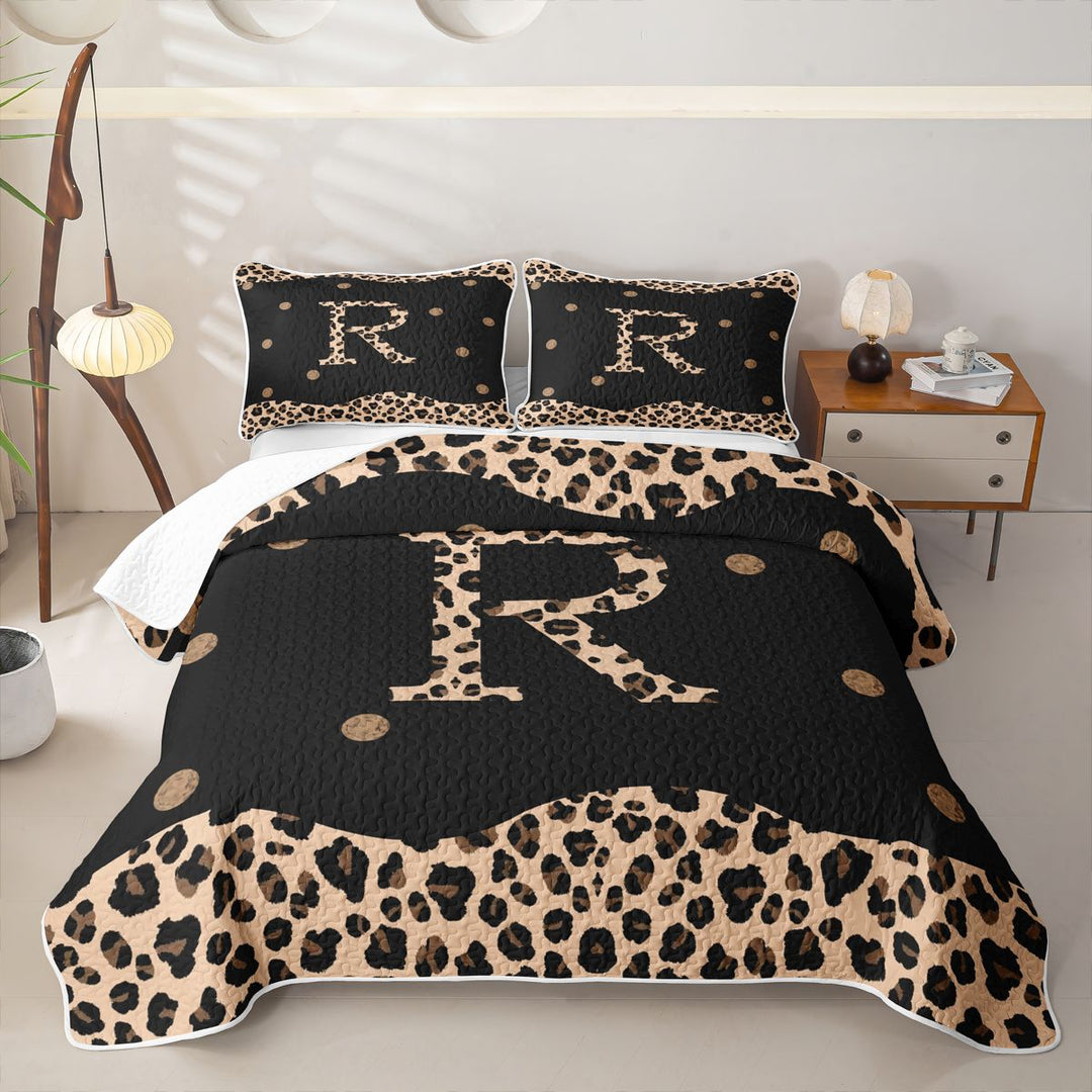 Meiyoeat Animal Leopard Letter R Quilt King for Girls,Classic Polka Dot King Coverlet Set for Bedroom,Black Beige Brown