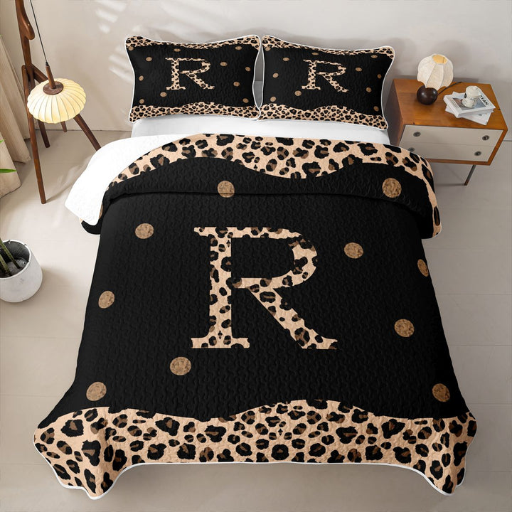 Meiyoeat Animal Leopard Letter R Quilt King for Girls,Classic Polka Dot King Coverlet Set for Bedroom,Black Beige Brown