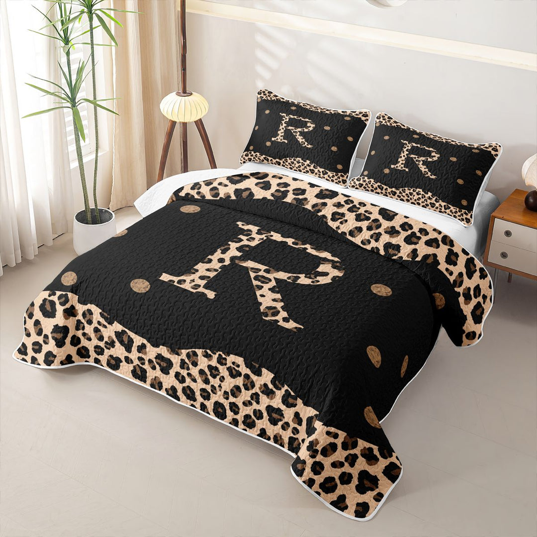 Meiyoeat Animal Leopard Letter R Quilt King for Girls,Classic Polka Dot King Coverlet Set for Bedroom,Black Beige Brown