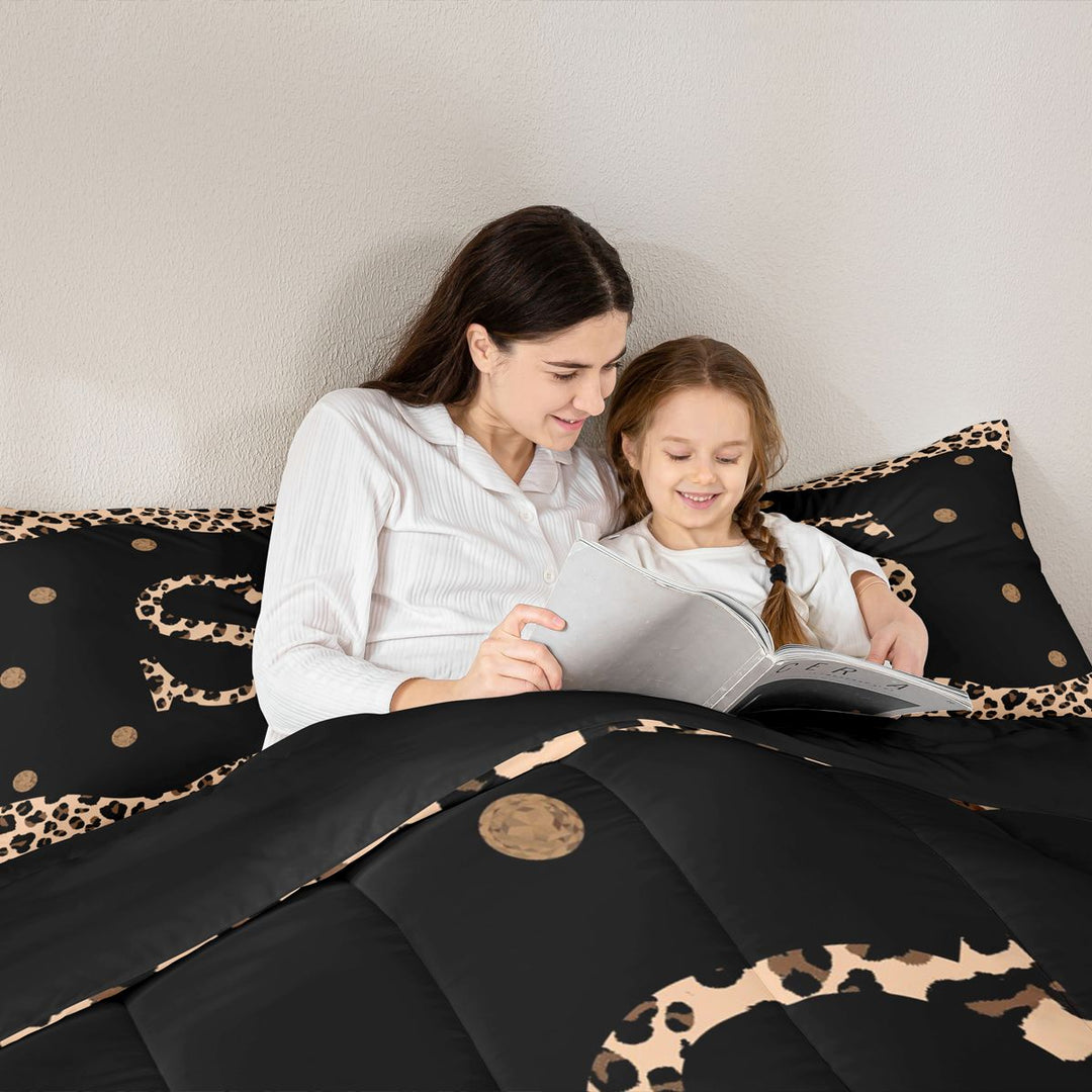 Meiyoeat Vintage Leopard Letter S King Size Comforter Sets 3-Piece for Women Youth, Retro Polka Dot Bedding Comforter Set for Decor, Black Beige Brown,Black Reversible