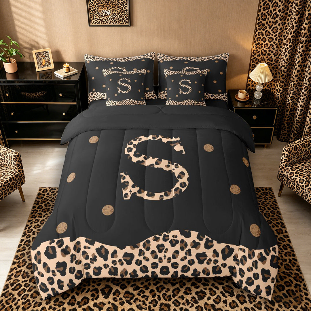 Meiyoeat Vintage Leopard Letter S Bedding Comforter Set 7-Piece for Women Youth, Retro Polka Dot King Bedding Sets for Decor, Black Beige Brown,Black Reversible