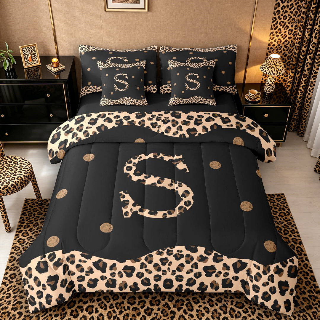Meiyoeat Vintage Leopard Letter S Bedding Comforter Set 7-Piece for Women Youth, Retro Polka Dot King Bedding Sets for Decor, Black Beige Brown,Black Reversible