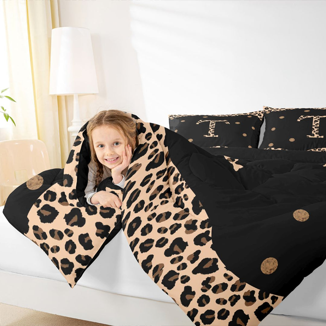 Meiyoeat Trendy Leopard Letter T Bedding Comforter Set 7-Piece for Women Kids, Chic Polka Dot King Bedding Sets for Nursery, Black Beige Brown,Black Reversible