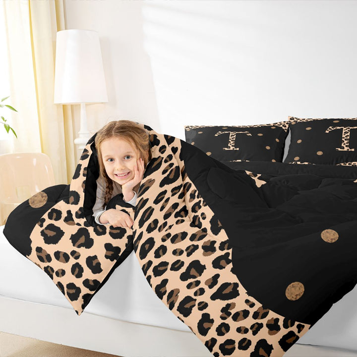 Meiyoeat Trendy Leopard Letter T Bedding Comforter Set 7-Piece for Women Kids, Chic Polka Dot King Bedding Sets for Nursery, Black Beige Brown,Black Reversible