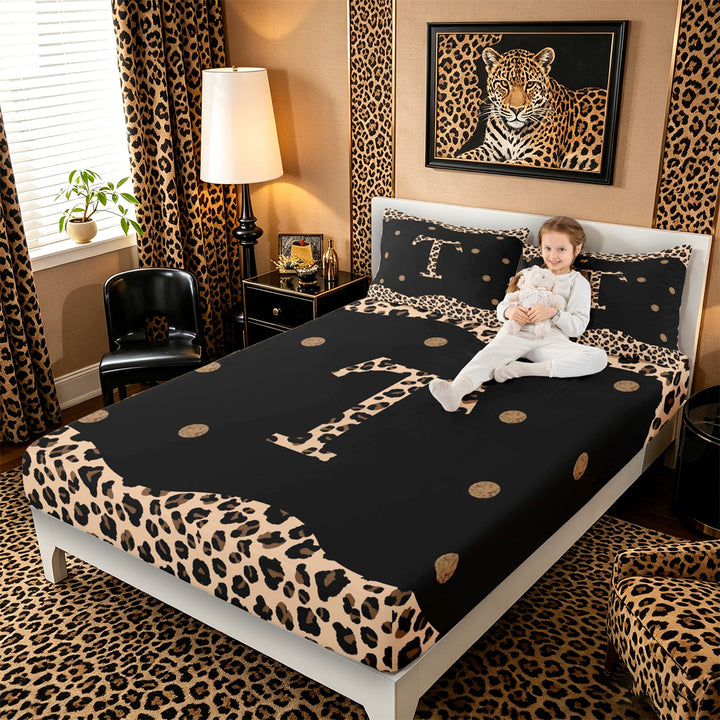 Meiyoeat Trendy Leopard Letter T Bed Sheets 4pcs for Women Kids, Chic Polka Dot King Sheets for Nursery, Black Beige Brown
