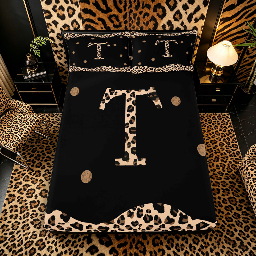 Meiyoeat Trendy Leopard Letter T Bed Sheets 4pcs for Women Kids, Chic Polka Dot King Sheets for Nursery, Black Beige Brown