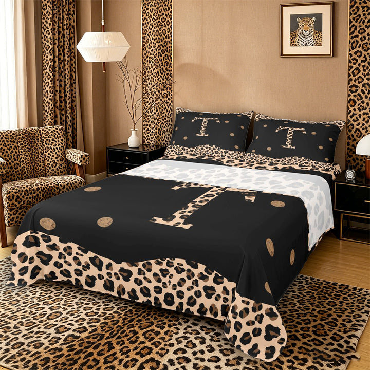 Meiyoeat Trendy Leopard Letter T Bed Sheets 4pcs for Women Kids, Chic Polka Dot King Sheets for Nursery, Black Beige Brown