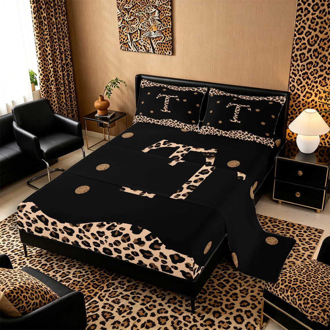 Meiyoeat Trendy Leopard Letter T Bed Sheets 4pcs for Women Kids, Chic Polka Dot King Sheets for Nursery, Black Beige Brown