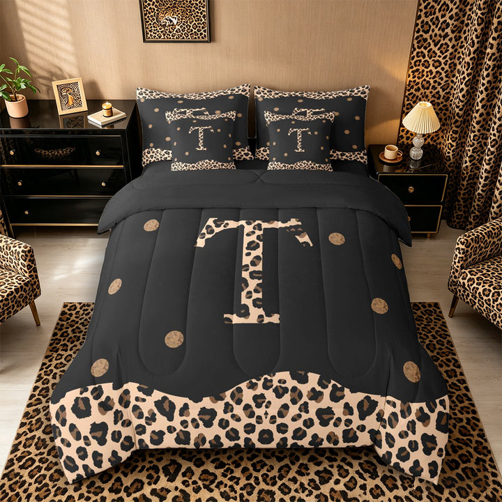 Meiyoeat Trendy Leopard Letter T Bedding Comforter Set 7-Piece for Women Kids, Chic Polka Dot King Bedding Sets for Nursery, Black Beige Brown,Black Reversible
