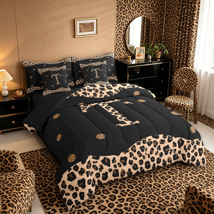 Meiyoeat Trendy Leopard Letter T Bedding Comforter Set 7-Piece for Women Kids, Chic Polka Dot King Bedding Sets for Nursery, Black Beige Brown,Black Reversible