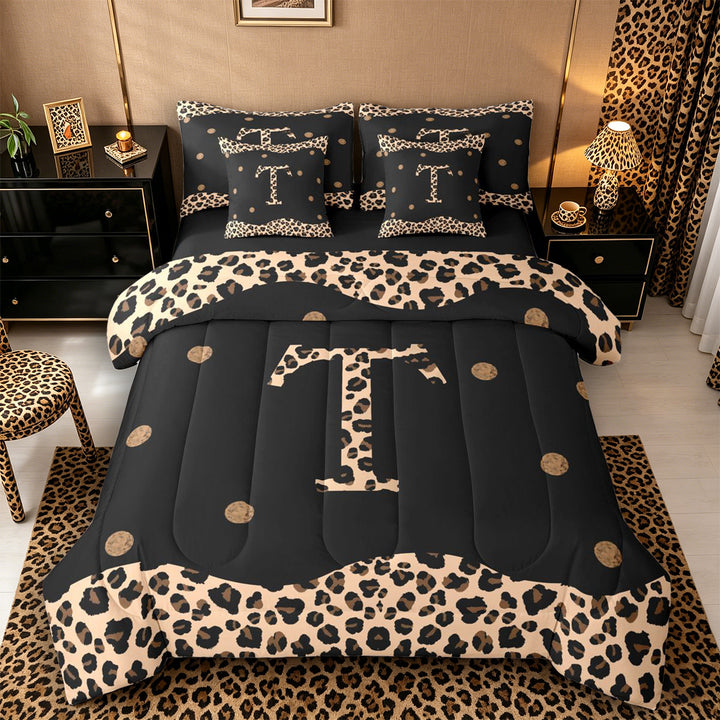Meiyoeat Trendy Leopard Letter T Bedding Comforter Set 7-Piece for Women Kids, Chic Polka Dot King Bedding Sets for Nursery, Black Beige Brown,Black Reversible