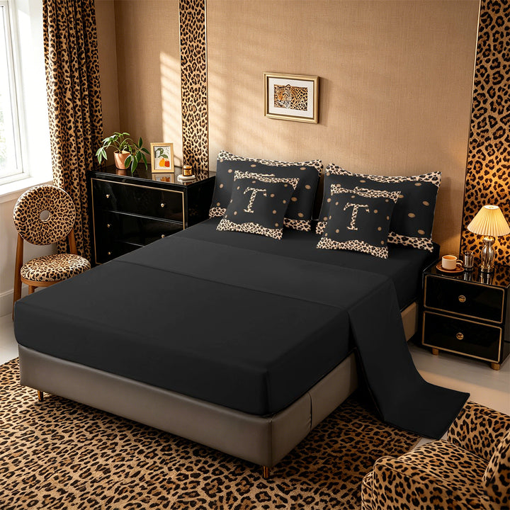 Meiyoeat Trendy Leopard Letter T Bedding Comforter Set 7-Piece for Women Kids, Chic Polka Dot King Bedding Sets for Nursery, Black Beige Brown,Black Reversible
