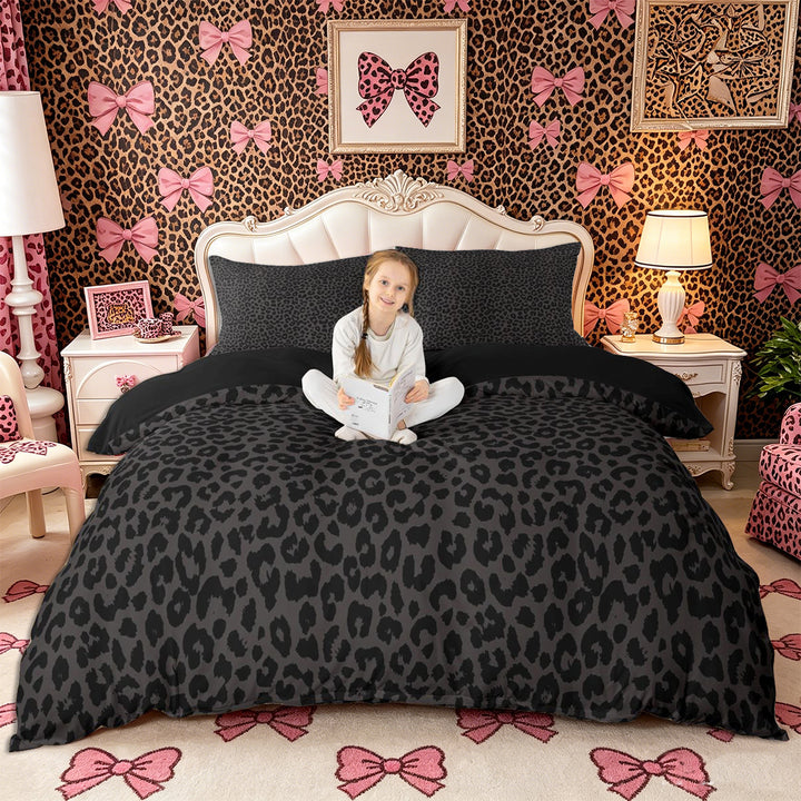 Meiyoeat Animal Cheetah Print Duvet Cover King, Minimalist Spot Pattern King Bedding, Dark Gray,3 Pieces,No Comforter,Black Reversible