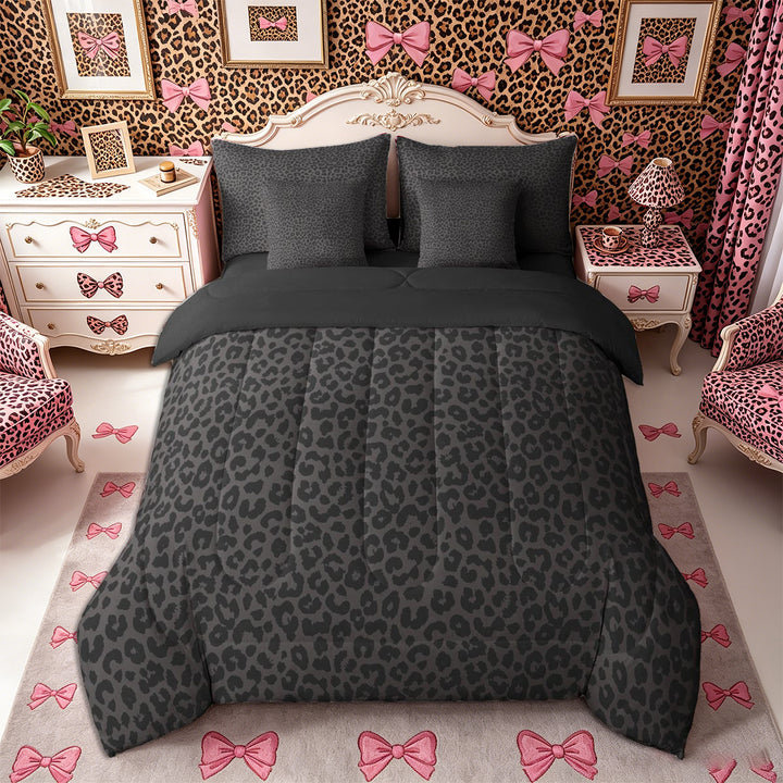 Meiyoeat Animal Cheetah Print King Bedding 7pcs, Minimalist Spot Pattern King Bed in a Bag, Dark Gray,Black Reversible