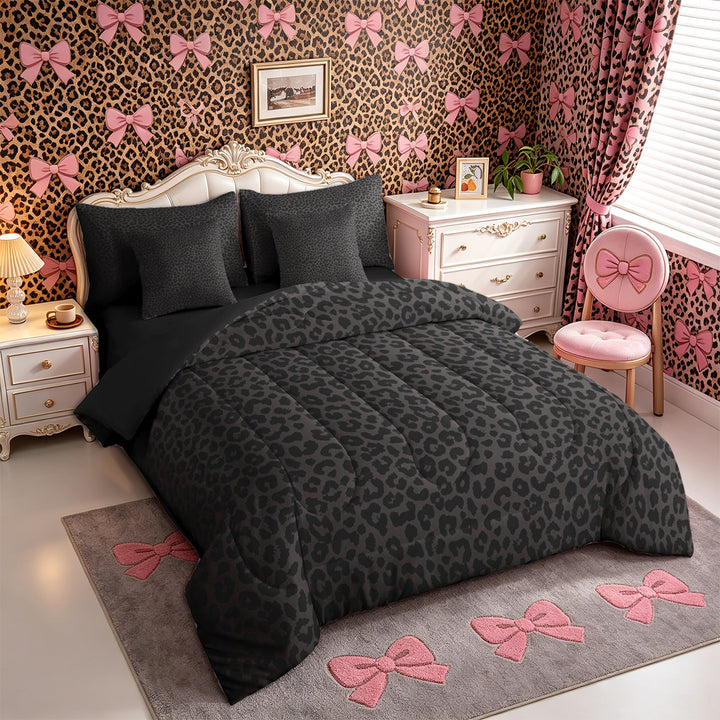Meiyoeat Animal Cheetah Print King Bedding 7pcs, Minimalist Spot Pattern King Bed in a Bag, Dark Gray,Black Reversible