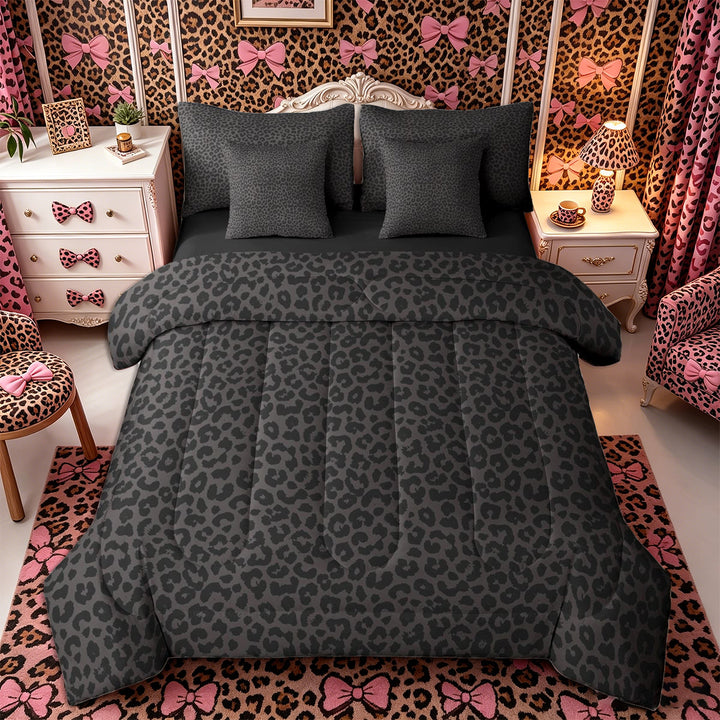 Meiyoeat Animal Cheetah Print King Bedding 7pcs, Minimalist Spot Pattern King Bed in a Bag, Dark Gray,Black Reversible