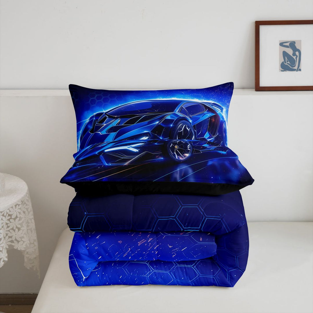meiyoeat Blue Racing Car Full Size Comforter Sets For Boys Kids,Outdoor Extreme Sports Bedding Comforter Set For Speed Games Lovers,Black Reversible,3pcs